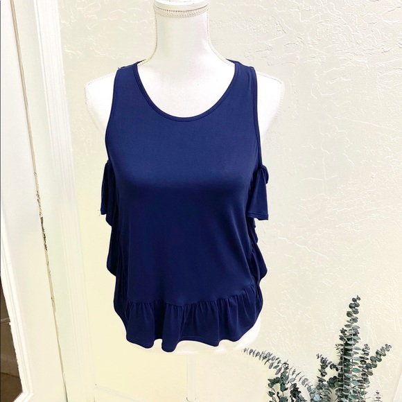 Max Studio, Cold Shoulder Peplum Navy Blue Blouse Sz Sm NWT - Picture 2 of 9